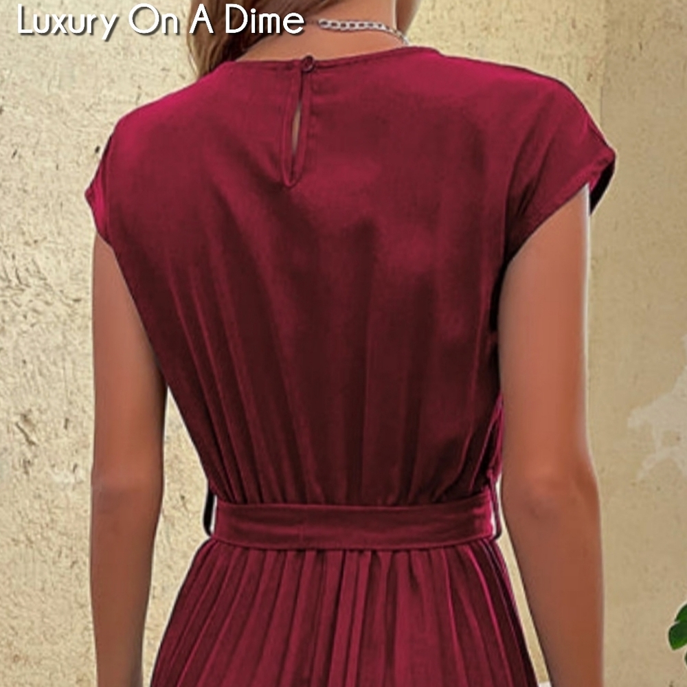 Retro Pleated Classy Modest Short Sleeve Knee Length Belted Midi Dress - Picture 5 of 12
